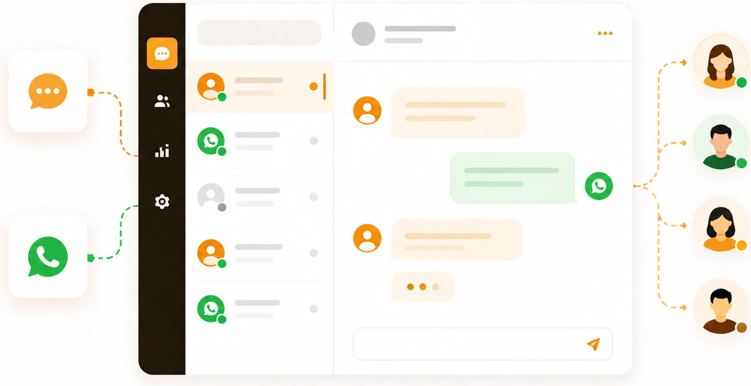 Illustration of web chat and WhatsApp conversations arriving in a single inbox and being handed on to team members.