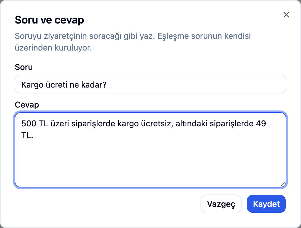 Soru ekle penceresi: soru Kargo ücreti ne kadar, cevap kutusunda kargo ücreti kuralı yazılı.