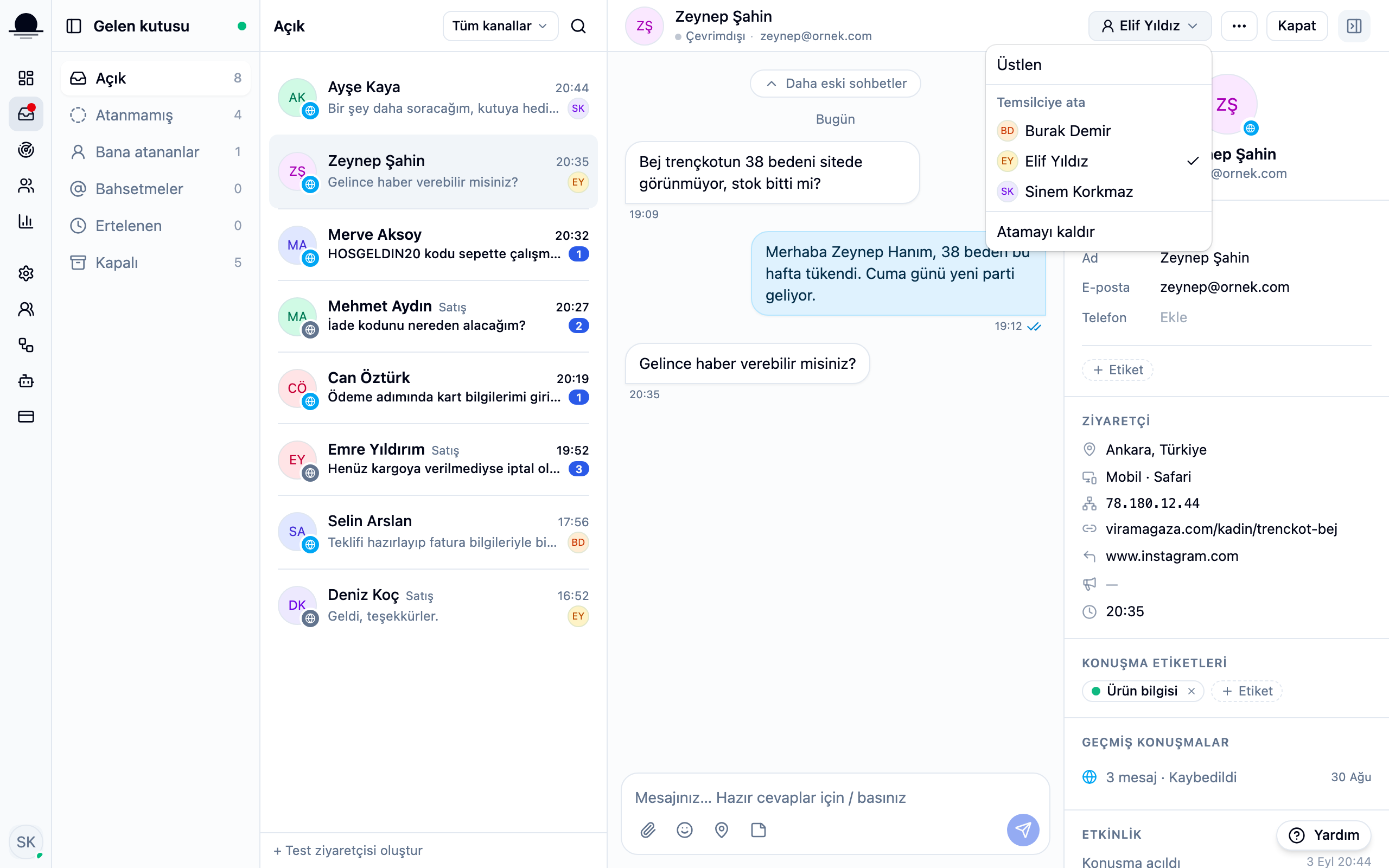 The assignee menu open in the conversation header: the Claim option and the list of agents.