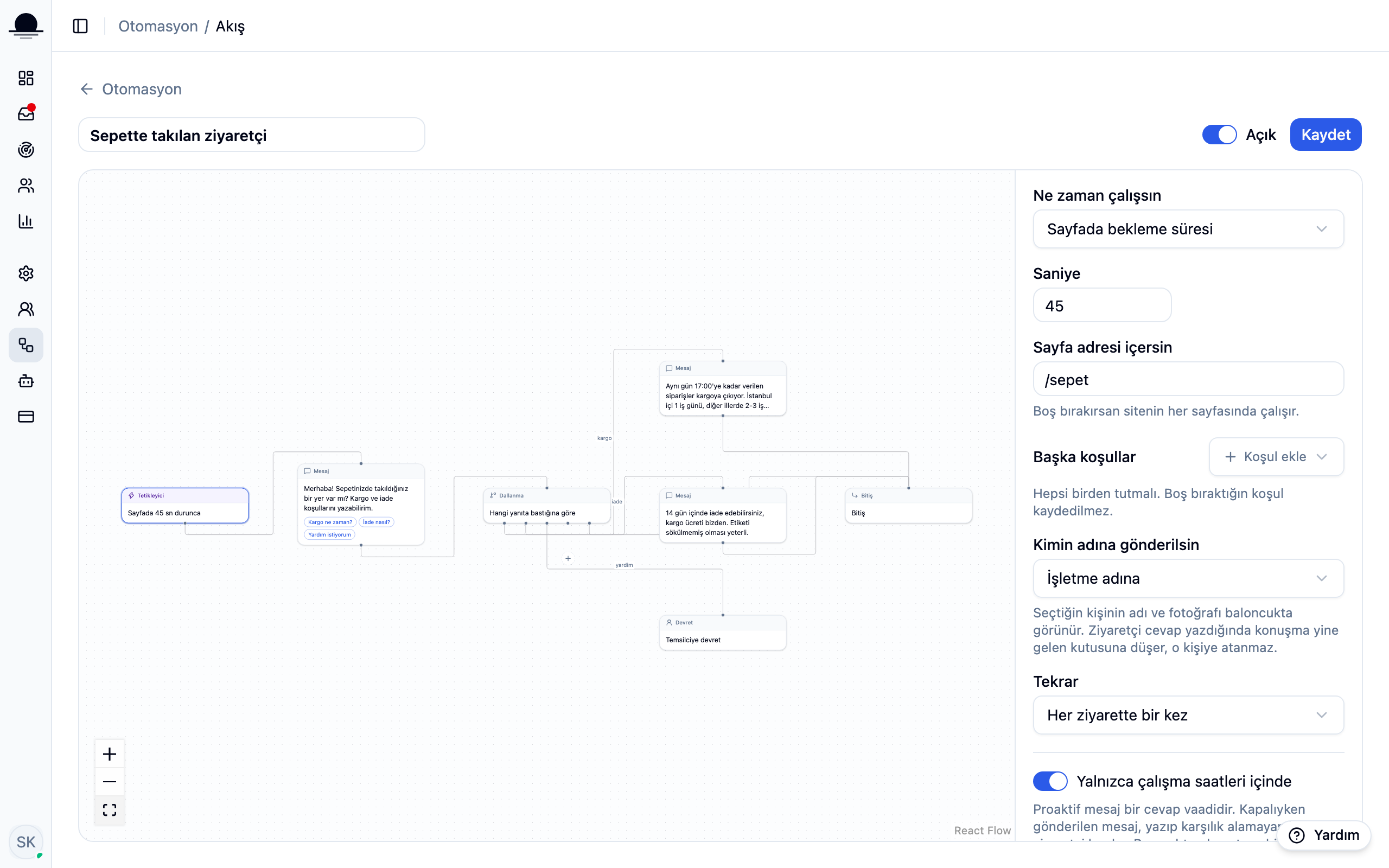 The automation editor: trigger, message, quick replies, branch and handoff steps wired together on the canvas.