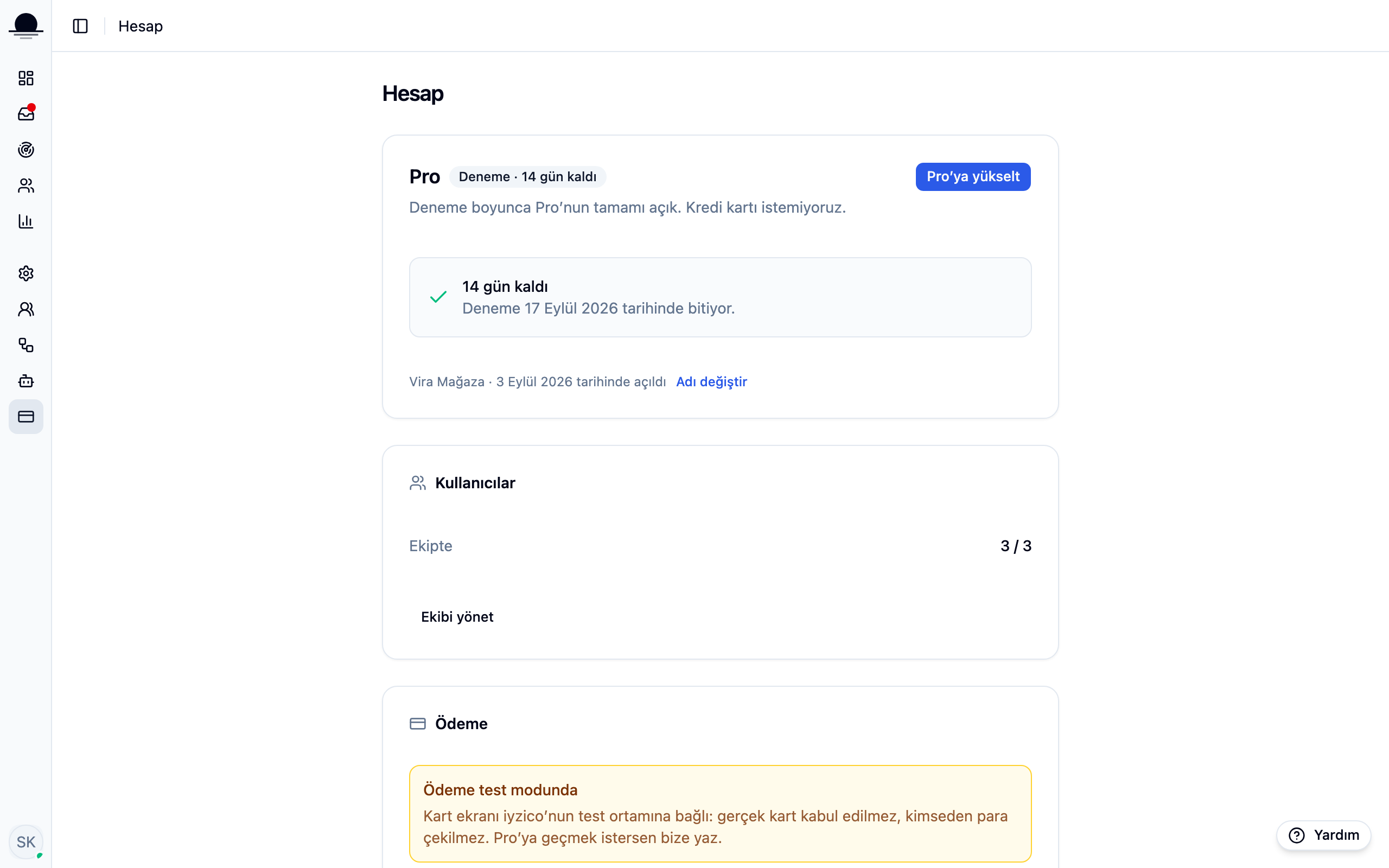 The Account page in the panel: the plan card, trial period and usage details.