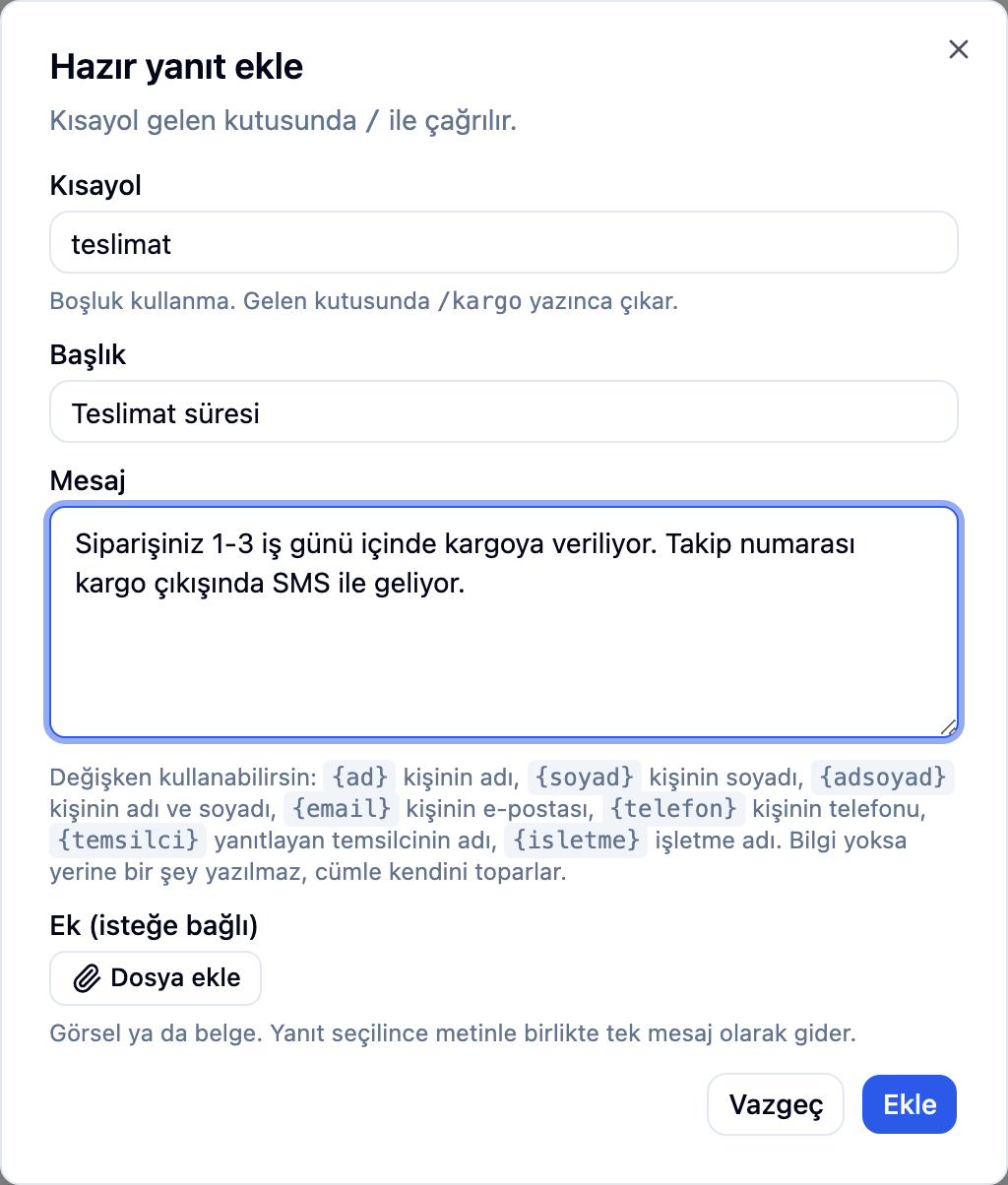The add-response dialog with the shortcut, title and message fields filled in.