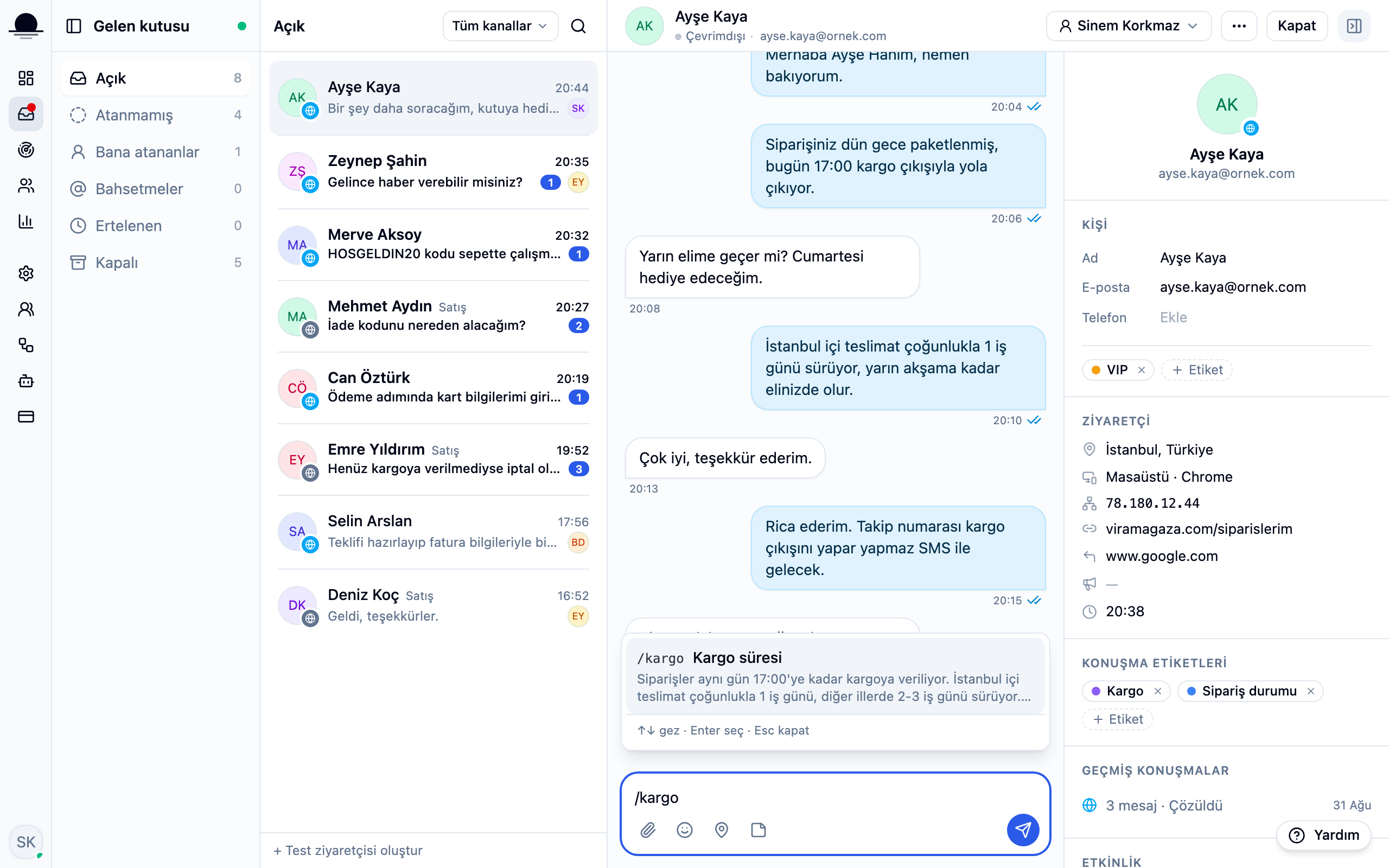 The inbox reply box with /kargo typed and the matching canned response listed above it.