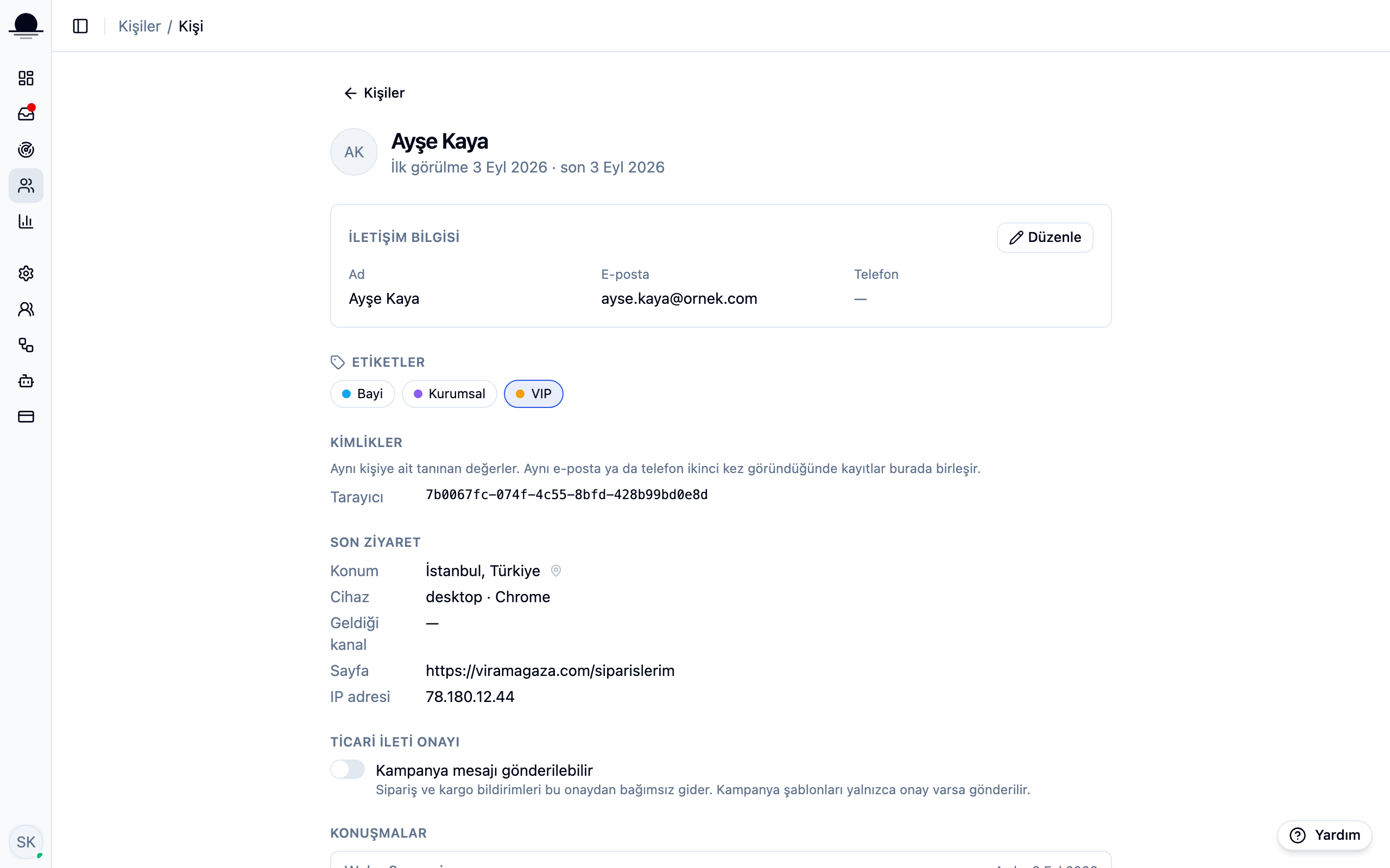 A contact card: name, email, tags and the list of past conversations underneath.