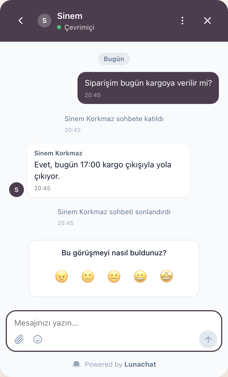 The survey card at the end of the chat widget: the question and five faces.