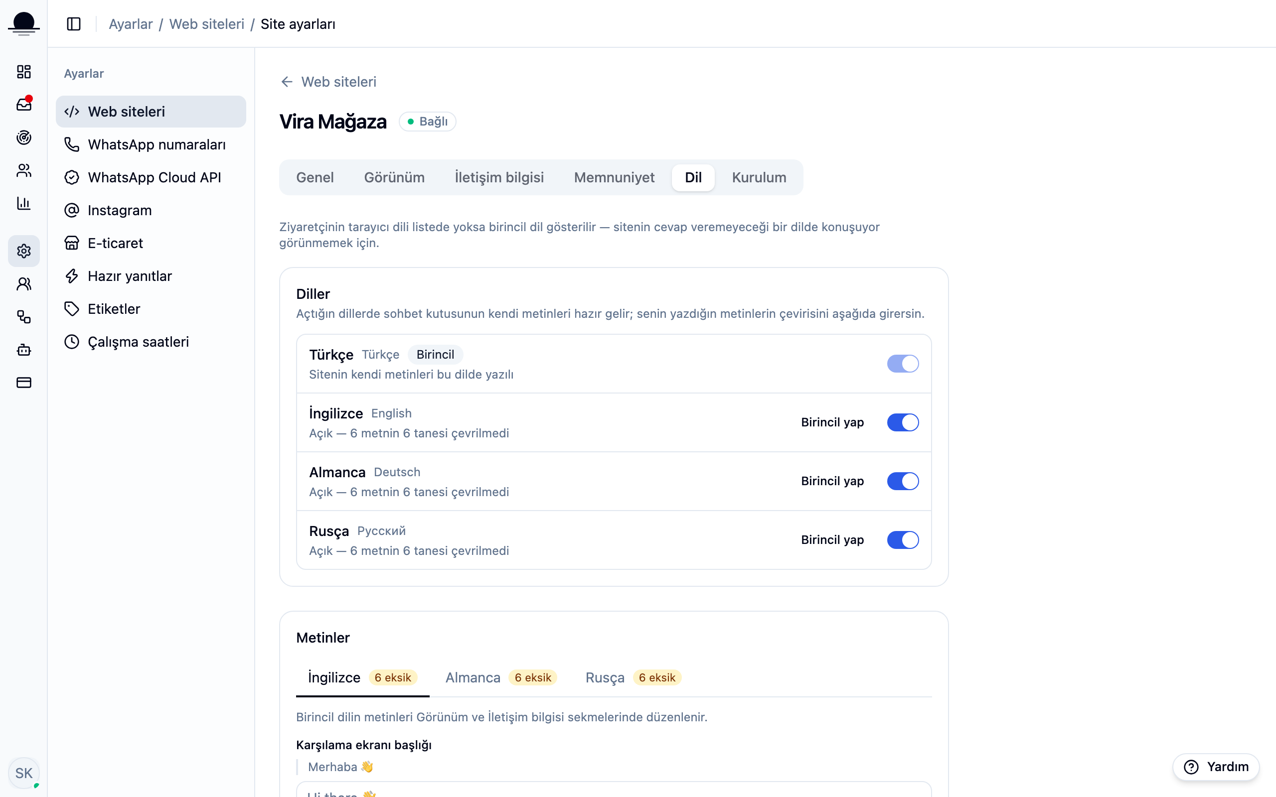 The Language tab in site settings: the list of languages, their state and the translation fields.