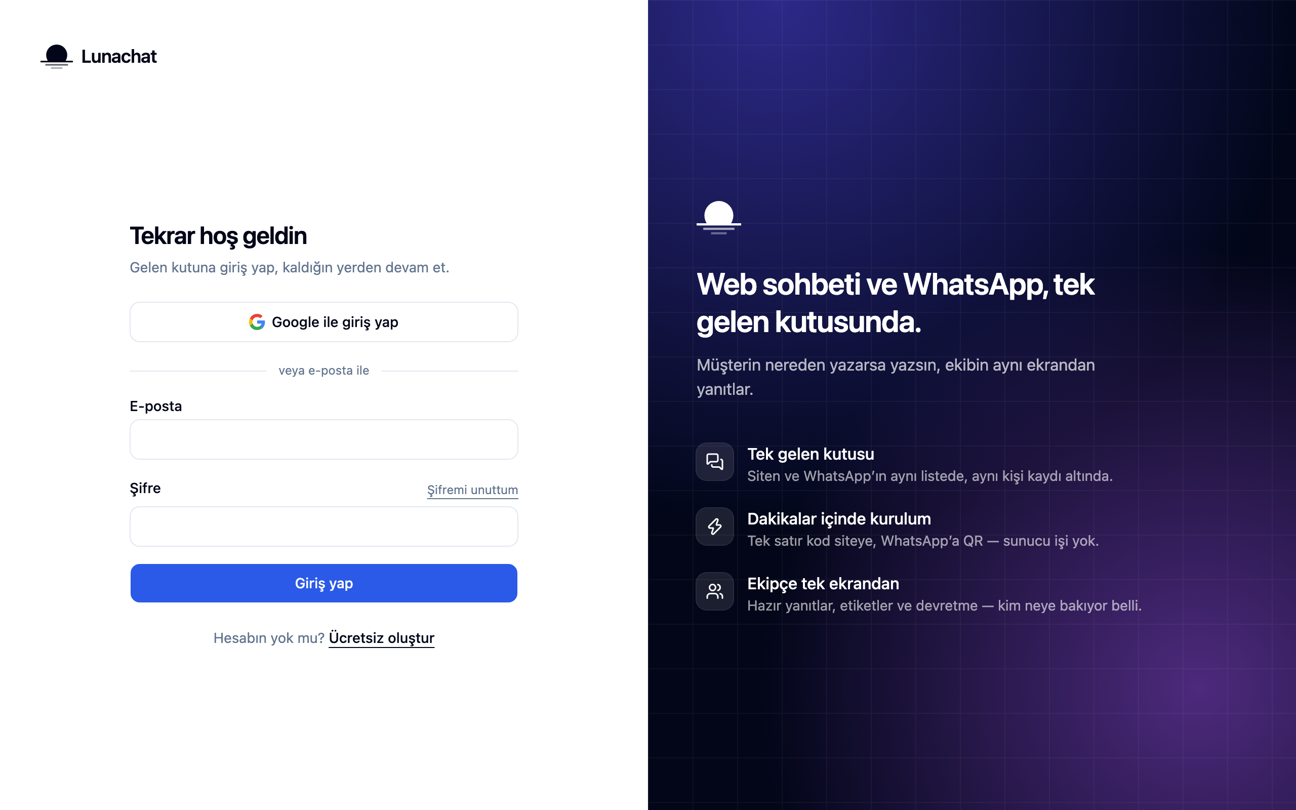The Lunachat sign-in screen: email and password fields with the forgot-password link beside them.
