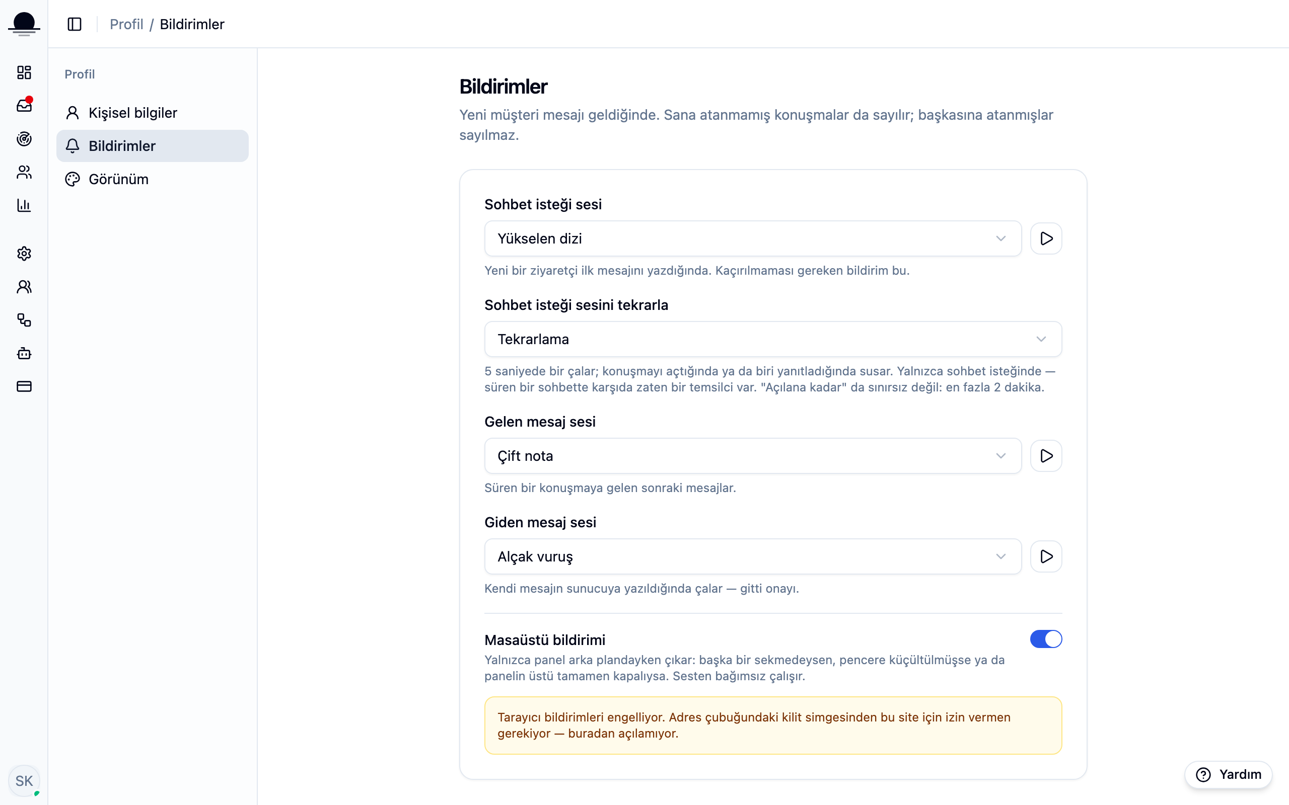 Notification settings under Profile: switches for sound, desktop notifications and the tab counter.