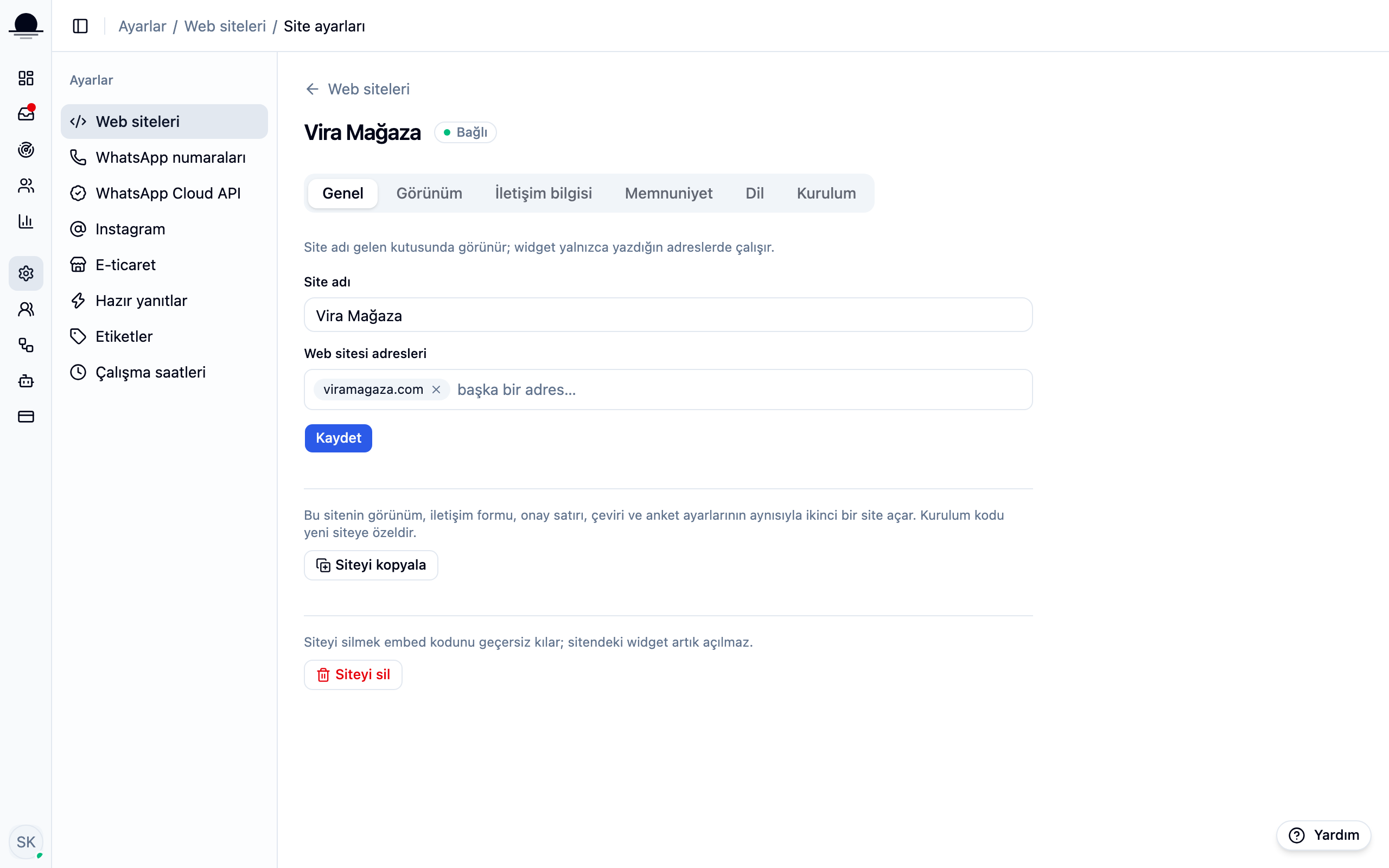 The General tab in site settings: site name, website addresses and the delete section.