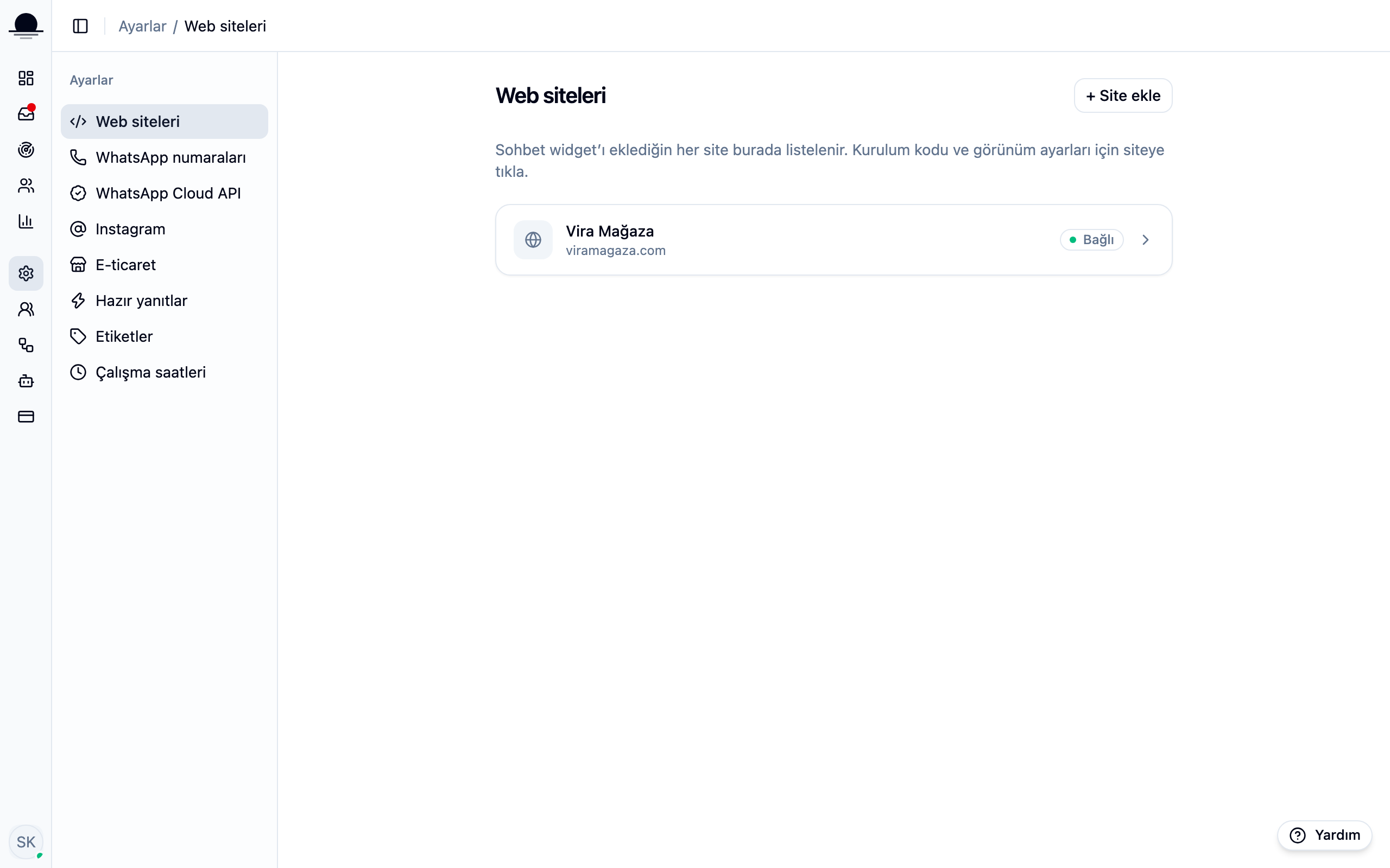 The Websites page in the panel: saved sites, their domains and connection status.