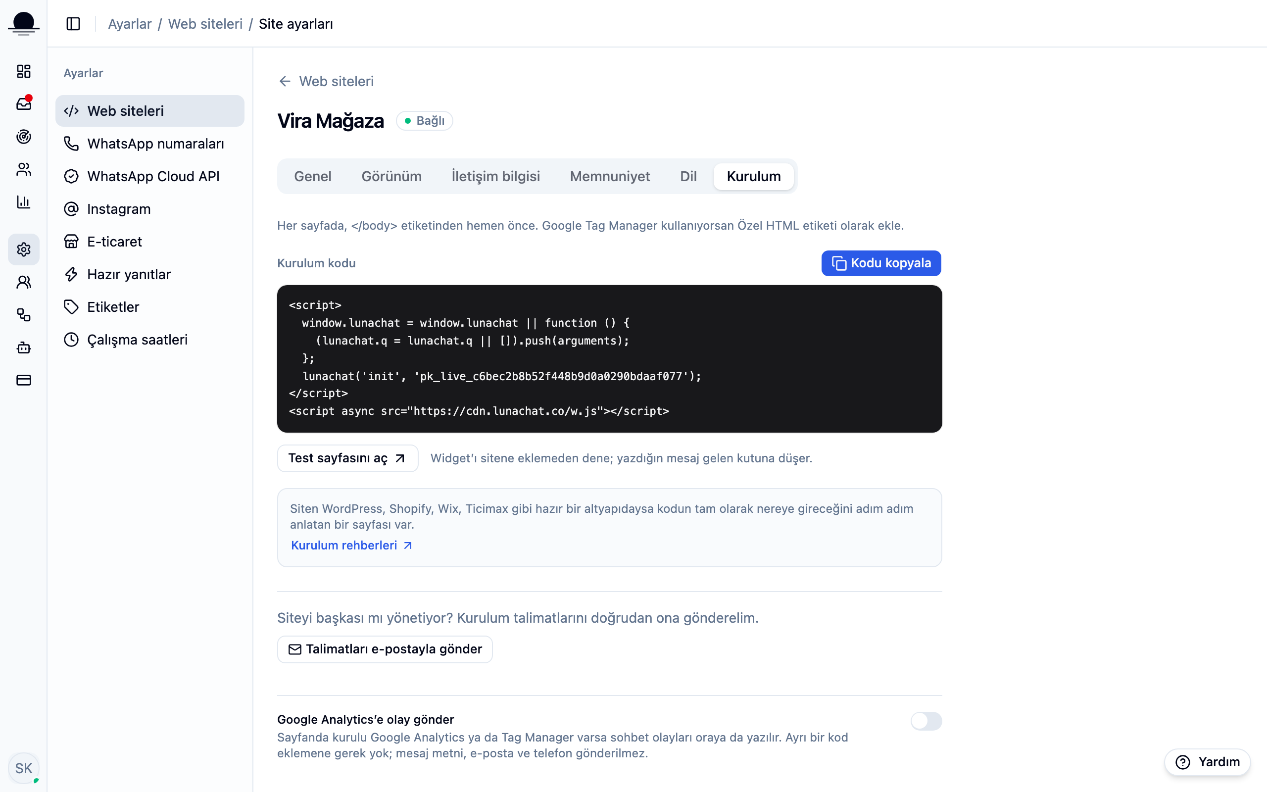 The Install tab in site settings: the copyable embed snippet and the identity verification section.