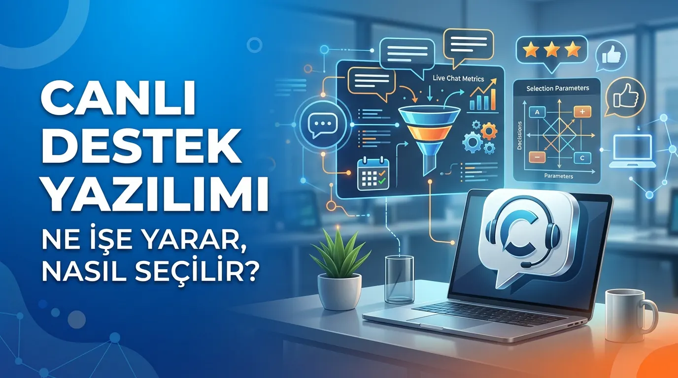 Bir masaüstünde açık dizüstü bilgisayar ve etrafında sohbet balonları, memnuniyet yıldızları ve canlı destek ölçümlerini gösteren grafikler.